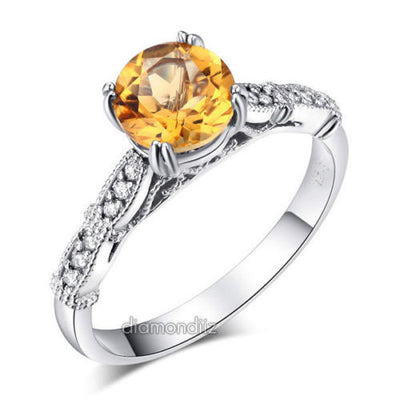 Vintage Style 14K White Gold Engagement Ring 1.2 CT Citrine Natural Diamonds - diamondiiz.com
