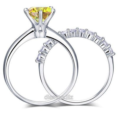 925 Sterling Silver 6 Claws Ring Set Yellow Canary Lab Created Diamond - diamondiiz.com