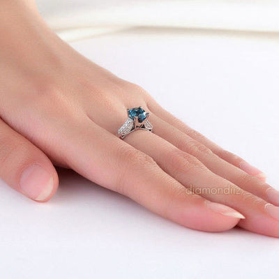 14K White Gold Wedding Engagement Ring 1.2 Ct London Topaz & Natural Diamonds - diamondiiz.com