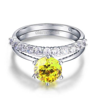 925 Sterling Silver 6 Claws Ring Set Yellow Canary Lab Created Diamond - diamondiiz.com