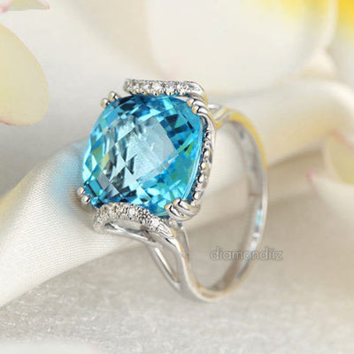 14K White Gold Luxury Anniversary Ring 9.6 Ct Cushion Swiss Blue Topaz Diamond - diamondiiz.com