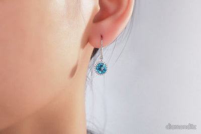 Dangle 14K White Gold Swiss Blue Topaz Earrings Natural 0.298 Ct Diamonds Bridal - diamondiiz.com