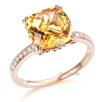 14K Rose Gold Luxury Wedding Anniversary Ring Yellow 3.6 Cushion Citrine Diamond - diamondiiz.com