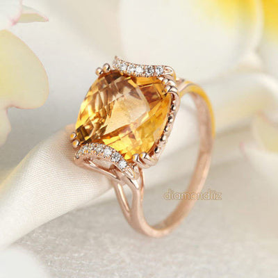 Fine 14K Rose Gold Luxury Anniversary Ring 6 Ct Cushion Yellow Citrine Diamond - diamondiiz.com