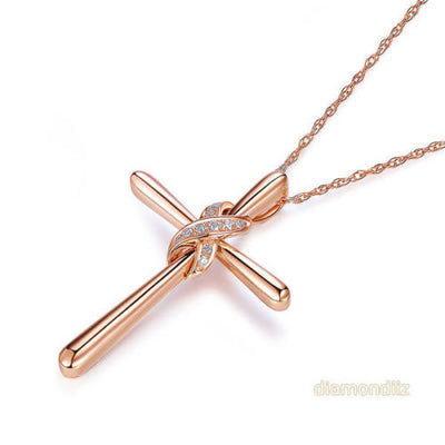14K Rose Gold Cross Pendant Necklace 0.04 Ct Diamonds - diamondiiz.com
