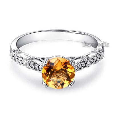 Vintage Style 14K White Gold Engagement Ring 1.2 CT Citrine Natural Diamonds - diamondiiz.com