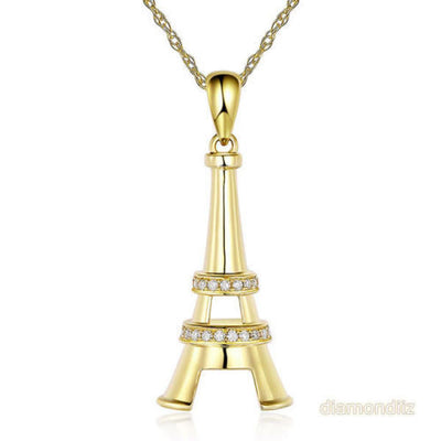 14K Yellow Gold Eiffel Tower Pendant Necklace 0.1 Ct Diamonds - diamondiiz.com