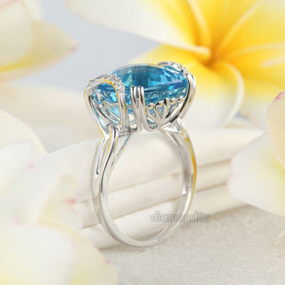14K White Gold Luxury Anniversary Ring 9.6 Ct Cushion Swiss Blue Topaz Diamond - diamondiiz.com
