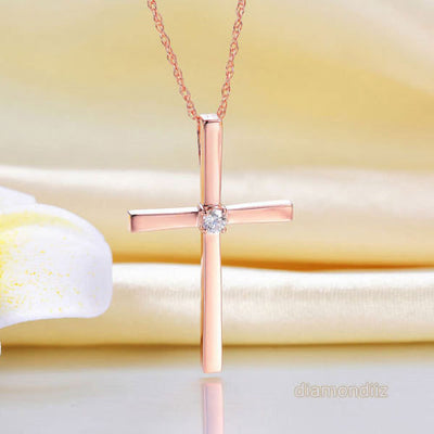 14K Rose Gold Cross Pendant Necklace 0.08 Ct Diamonds - diamondiiz.com
