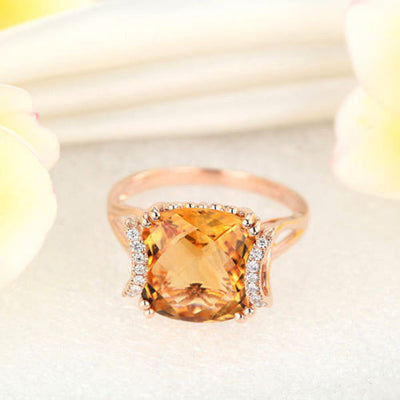 Fine 14K Rose Gold Luxury Anniversary Ring 6 Ct Cushion Yellow Citrine Diamond - diamondiiz.com