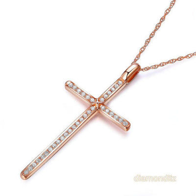 14K Rose Gold Cross Pendant Necklace 0.3 Ct Diamonds - diamondiiz.com