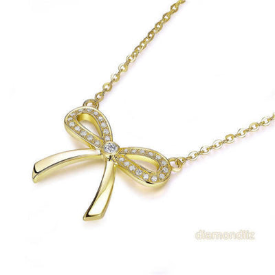 Fine 14K Yellow Gold Bow Necklace 0.17 Ct Diamonds - diamondiiz.com