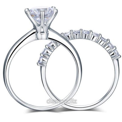 925 Sterling Silver 6 Claws Engagement Ring Set Lab Created Diamond - diamondiiz.com