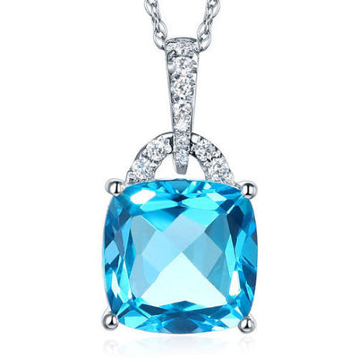 14K White Gold 4 Ct Cushion Swiss Blue Topaz Pendant Necklace 0.1 Ct Diamond - diamondiiz.com