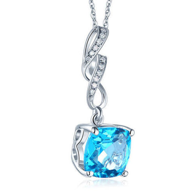 14K White Gold 3 Ct Cushion Swiss Blue Topaz Pendant Necklace 0.12 Ct Diamond - diamondiiz.com