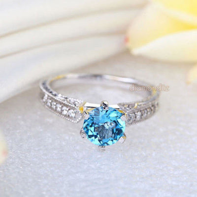 14K White Gold Vintage Wedding Engagement Ring Swiss Blue Topaz Natural Diamond - diamondiiz.com