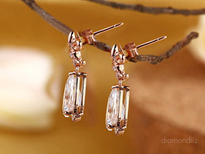 Dangle 14K Rose Gold 3.5 Ct Clear Pear Topaz Earrings Natural 0.07 Ct Diamonds - diamondiiz.com