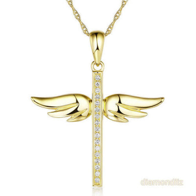 14K Yellow Gold Angel Wing Cross Pendant Necklace 0.08 Ct Diamonds - diamondiiz.com