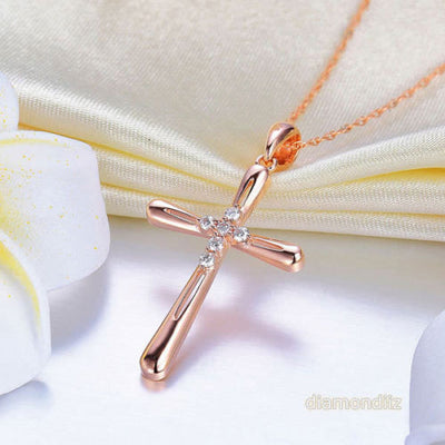 14K Rose Gold Cross Pendant Necklace 0.13 Ct Diamonds - diamondiiz.com