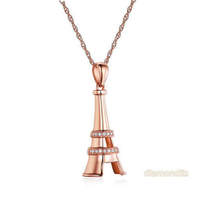 14K Rose Gold Eiffel Tower Pendant Necklace 0.1 Ct Diamonds - diamondiiz.com