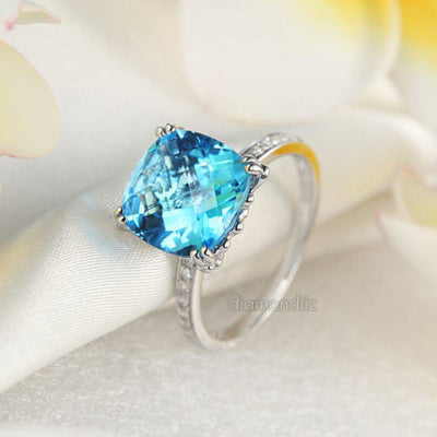14K White Gold Wedding Anniversary Ring 4.5 Ct Cushion Swiss Blue Topaz Diamond - diamondiiz.com
