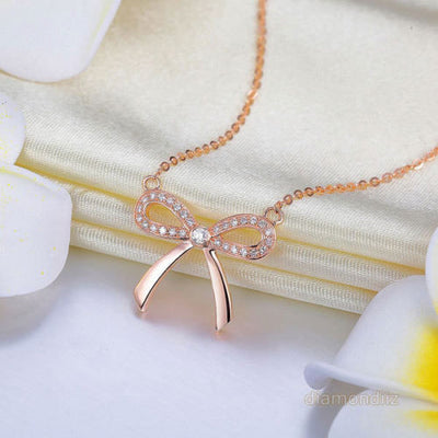 Fine 14K Rose Gold Bow Necklace 0.17 Ct Diamonds - diamondiiz.com