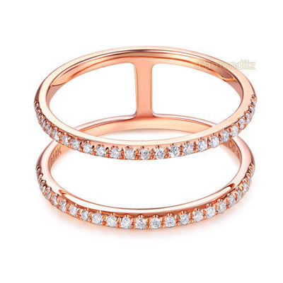 Solid 14K Rose Gold Wedding Ring Double Band 0.18 Ct Diamond 585 Fine Jewelry - diamondiiz.com