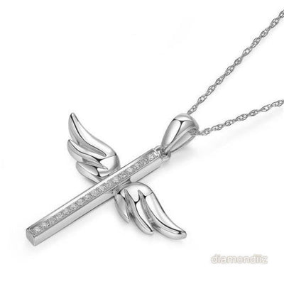 14K White Gold Angel Wing Cross Pendant Necklace 0.08 Ct Diamonds - diamondiiz.com