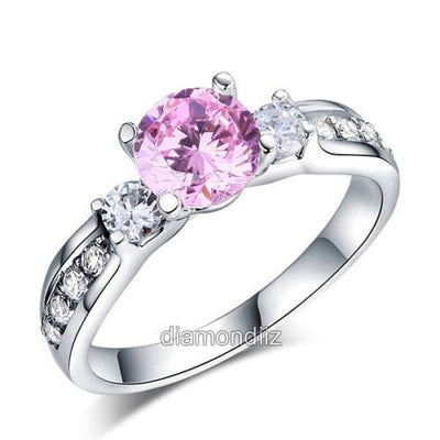 Three-Stone 925 Sterling Silver Ring Fancy Pink Lab Created Diamond - diamondiiz.com