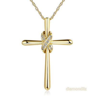 14K Yellow Gold Cross Pendant Necklace 0.04 Ct Diamonds - diamondiiz.com