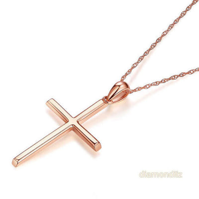 Fine 14K Rose Gold Plain Cross Pendant Necklace Jewelry - diamondiiz.com