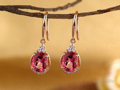 14K Rose Gold Dangle 1.6 Ct Natural Pink Topaz Earrings 0.185 Ct Diamond Wedding - diamondiiz.com