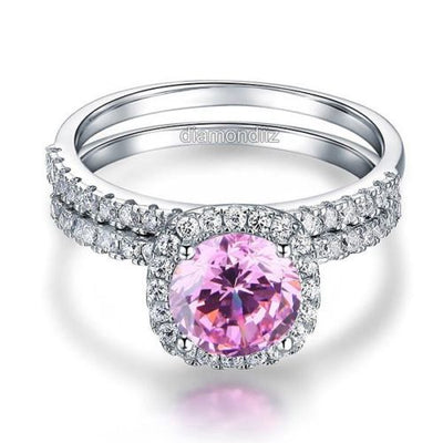 925 Sterling Silver Halo Ring Set Fancy Pink Lab Diamond Vintage Style - diamondiiz.com