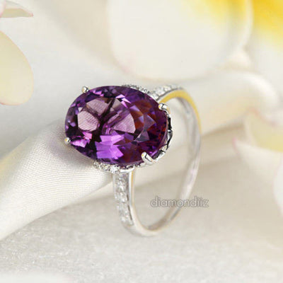 14K White Gold Luxury Ring 5.75 Ct Oval Purple Amethyst  0.22 Ct Natural Diamond - diamondiiz.com