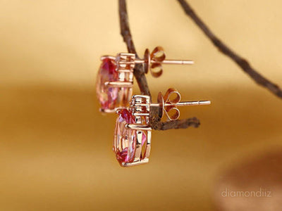 14K Rose Gold 3.5 Ct Oval Pink Topaz Earrings with side Natural Diamonds - diamondiiz.com