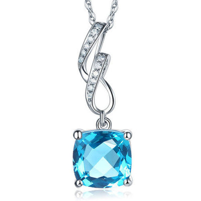14K White Gold 3 Ct Cushion Swiss Blue Topaz Pendant Necklace 0.12 Ct Diamond - diamondiiz.com