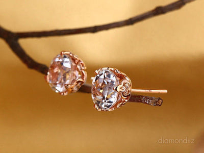 Vintage Style 14K Rose Gold Stud 2.5 Ct Topaz Earrings Natural 0.24 Ct Diamonds - diamondiiz.com