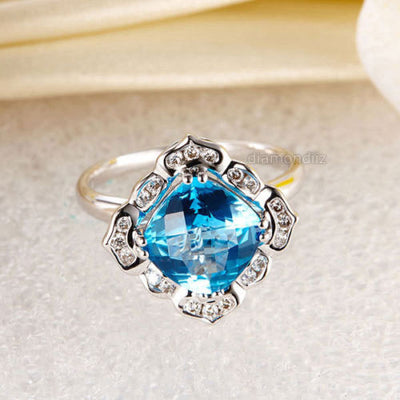 Art Deco 14K White Gold Wedding Anniversary Ring 3 Ct Swiss Blue Topaz Diamond - diamondiiz.com