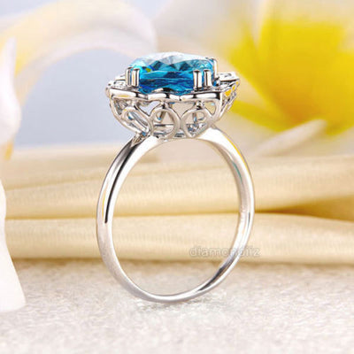Art Deco 14K White Gold Wedding Anniversary Ring 3 Ct Swiss Blue Topaz Diamond - diamondiiz.com