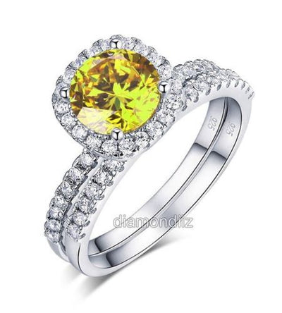 Sterling Silver Vintage Halo Ring Set Yellow Canary Lab Made Diamond - diamondiiz.com