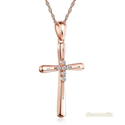 14K Rose Gold Cross Pendant Necklace 0.13 Ct Diamonds - diamondiiz.com