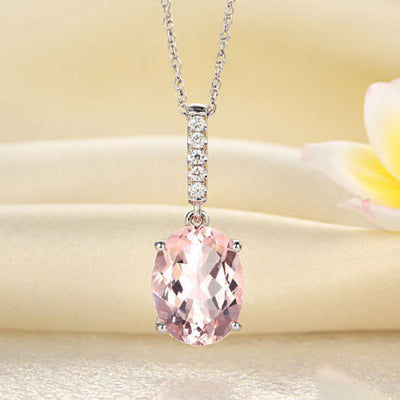 14K White Gold Light Pink 4.1 Ct Oval Morganite Pendant Necklace 0.1 Ct Diamond - diamondiiz.com