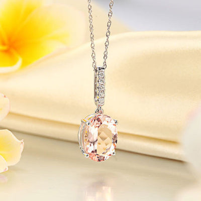 14K White Gold Light Pink 4.1 Ct Oval Morganite Pendant Necklace 0.1 Ct Diamond - diamondiiz.com
