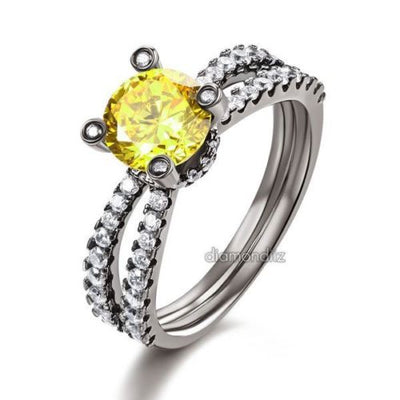 Black 925 Sterling Silver Engagement Anniversary Ring Yellow Lab Made Diamond - diamondiiz.com
