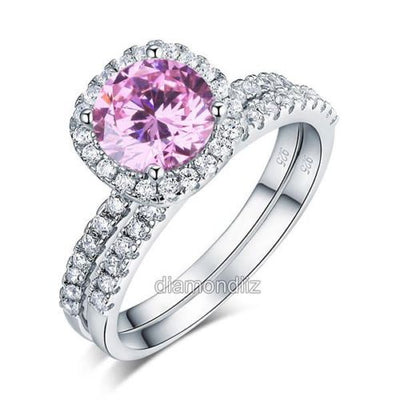 925 Sterling Silver Halo Ring Set Fancy Pink Lab Diamond Vintage Style - diamondiiz.com