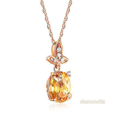 Fine 14K Rose Gold 2 Ct Citrine Butterfly Pendant Necklace 0.17 Ct Diamond 585 - diamondiiz.com