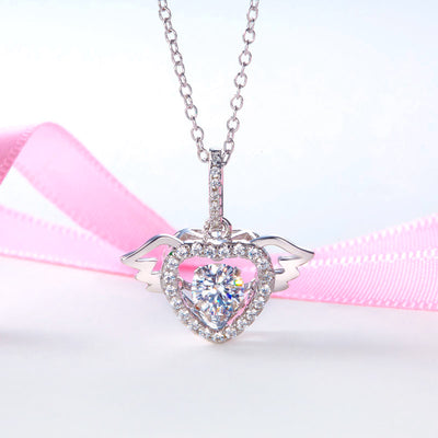 Dancing Stone Heart Angel Wing Pendant Necklace 925 Sterling Silver - diamondiiz.com