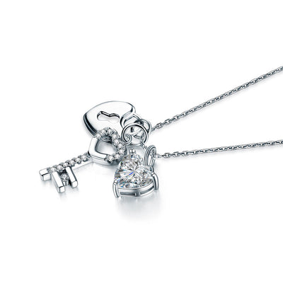 Love Heart Lock Key Pendant Necklace 925 Sterling Silver - diamondiiz.com