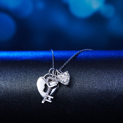Love Heart Lock Key Pendant Necklace 925 Sterling Silver - diamondiiz.com