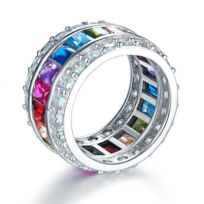 Multi-Color Created Topaz Band Wedding Anniversary 925 Sterling Silver Ring XFR8241